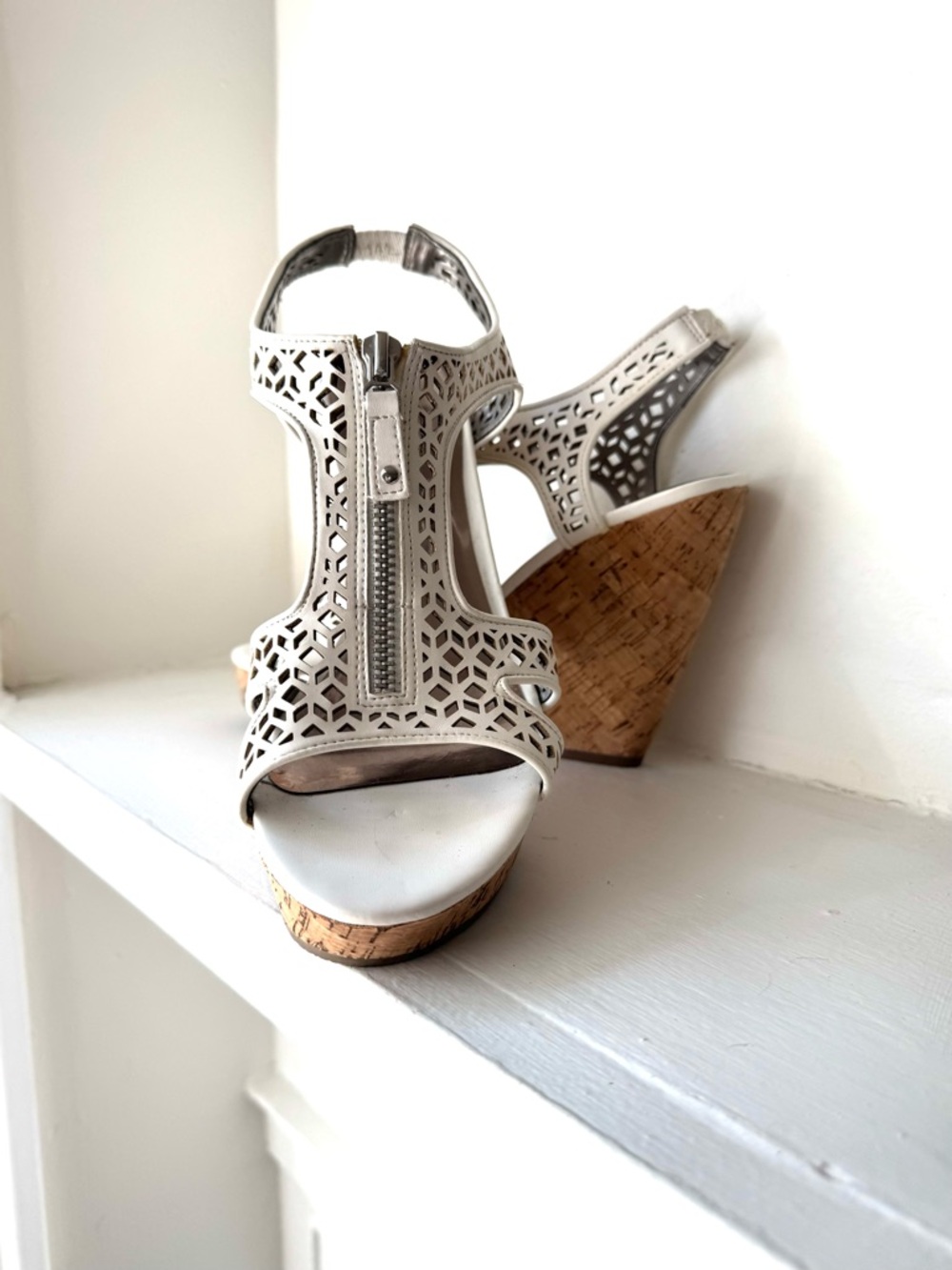 Carlos by Carlos Santana Women's White Laser-Cut Wedge Sandals with Cork Heel